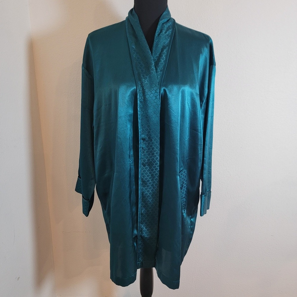 VTG Victoria's Secret Teal OS Satin Robe Long Sleeve No Waist Tie Gold Label